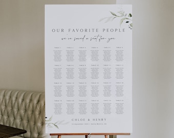 Minimal Greenery Wedding Seating Chart Template, Printable Botanical Seating Chart, Green Leaves Wedding Seating Plan, Wedding Seating Board