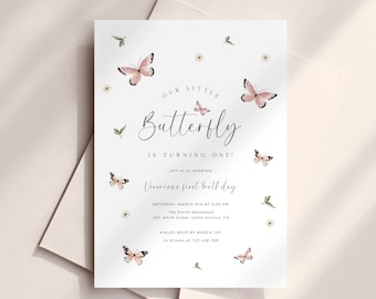 May include: A white invitation card with pink butterflies and floral accents. The text reads "Our Little Butterfly is Turning One!" and includes details for a first birthday party.