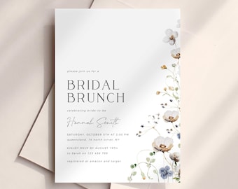 Plantilla de invitación de brunch nupcial de flores silvestres, invitación de brunch nupcial de flores delicadas, despedida de soltera editable, despedida de soltera floral mínima