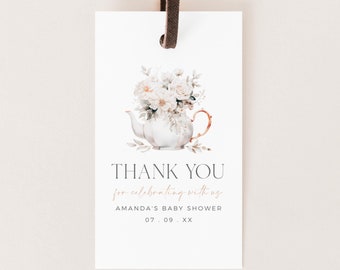 Baby Shower Tea Party Favor Tag Template, Minimal Tea Baby Shower Favor Tag, Tea Thank You Tag, Floral Teapot Favor Tag, Tea Thank You Label