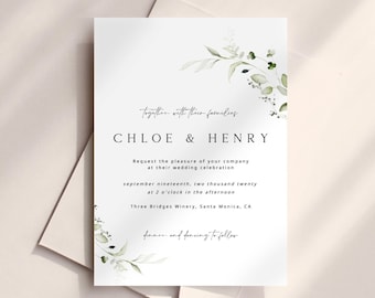 Minimal Greenery Wedding Invitation Template Download, Printable Botanical Wedding Invitation, Simple Greenery Leaves Wedding Invitation