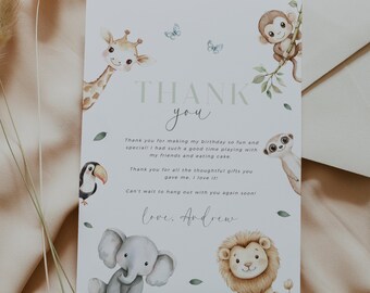 Modelo de cartão de agradecimento de 1º aniversário de safári minimalista, 1º aniversário de menino, cartão de agradecimento de primeiro aniversário com foto, cartão de agradecimento com foto