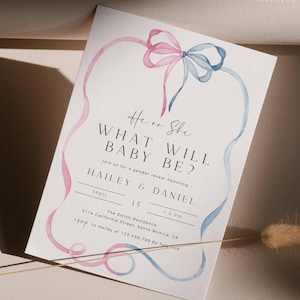 Pink And Blue Bow Gender Reveal Invitation Template, He Or She What Will Baby Be Gender Reveal Invite, Ribbon Gender Reveal Annoucement