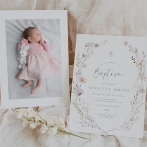 Wildflower Baptism Invitation Template, Printable Floral Baptism Invite, Girl Baptism Invitation, Dusty Pink Baptism, Christening Invite