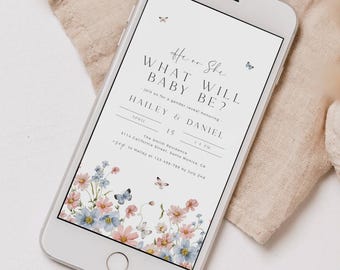 Wildflower Gender Reveal Evite Template, Floral Gender Reveal Electronic Invite, Spring & Summer Gender Reveal, Gender Reveal Annoucement