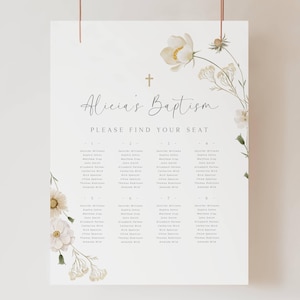 Witte wilde bloemen doop zitplaatsen grafieksjabloon, afdrukbare bloemen doop zitplaatsen grafiek poster, meisje doop, delicate bloemen doop