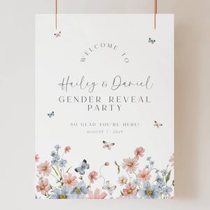 Modèle de plaque de bienvenue de fleurs sauvages, fleurs bleues roses, annonce de bienvenue de genre, affiche de révélation de genre