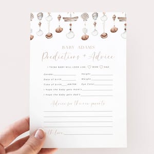 Modèle de prédictions et de conseils pour bébé, jeu imprimable pour baby shower, carte de prédictions de bébé modifiable, baby shower sur l'océan, baby shower de coquillages