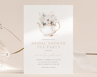 Bridal Shower Tea Party Invitation Template, Printable Time For Tea Invite, Floral Bridal Shower Tea Party Invite, Floral Teapot Invitation