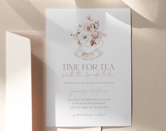 Time For Tea With The Bride To Be Invitation Template, Printable Tea Party Bridal Shower Invitation, Floral Bridal Shower Tea Party Invite