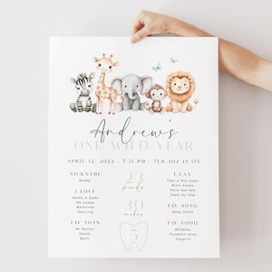 Minimal Wild One Birthday Milestone Sign Template, 1st Birthday Milestone Board, Boy First Birthday Milestone Poster, Birthday Stats Board