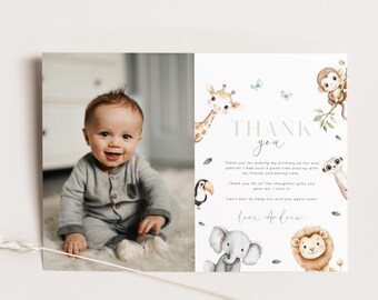 Modelo de cartão de agradecimento de 1º aniversário de safári minimalista, 1º aniversário de menino, cartão de agradecimento de primeiro aniversário com foto, cartão de agradecimento com foto