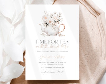 Time For Tea With The Bride To Be Invitation Template, Printable Tea Party Bridal Shower Invitation, Floral Bridal Shower Tea Party Invite
