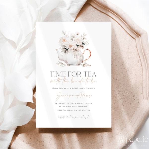 Time For Tea With The Bride To Be Invitation Template, Printable Tea Party Bridal Shower Invitation, Floral Bridal Shower Tea Party Invite