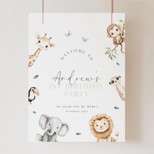 Plantilla minimalista de letrero de bienvenida para el primer cumpleaños, letrero de bienvenida para el primer cumpleaños, póster de bienvenida para el primer cumpleaños de un niño, letrero de bienvenida para el cumpleaños de Safari