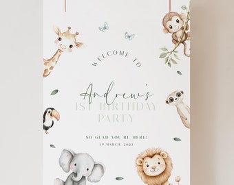 Minimal Wild One Birthday Welcome Sign Template, 1st Birthday Welcome Board, Boy First Birthday Welcome Poster, Safari Birthday Welcome Sign