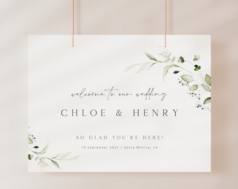 Minimal Greenery Wedding Welcome Sign Template, Printable Botanical Welcome Poster, Green Leaves Wedding Welcome Sign, Foliage Welcome Sign