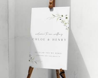 Minimal Greenery Wedding Welcome Sign Template, Printable Botanical Welcome Poster, Green Leaves Wedding Welcome Sign, Foliage Welcome Sign