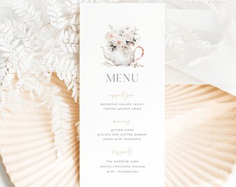 Tea Party Menu Template, Printable Tea Menu, Tea Party Bridal Shower Menu, Floral Bridal Tea Menu, Floral Teapot Menu, Tea Bithday Menu
