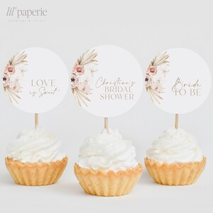 Boho Floral Bridal Shower Cupcake Toppers Template Download, Editable Bridal Shower Cupcake Toppers, Boho Floral Bridal Shower Decor DIY