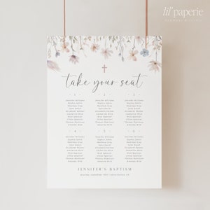 Doop met wilde bloemen zitplaatsen grafieksjabloon, afdrukbare bloemen doop zitplaatsen grafiek poster, doop meisje, stoffige roze doop, doop