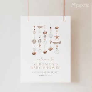 Plantilla de letrero de bienvenida para baby shower de playa boho, letrero de bienvenida minimalista para baby shower de playa, baby shower costero, baby shower oceánico, letrero de bienvenida con conchas marinas