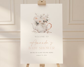 Sjabloon met bloemen theekransje babyshower welkomstbord, minimaal babyshower theekransje welkomstbord, bloemen theepot welkomstposter babyshower