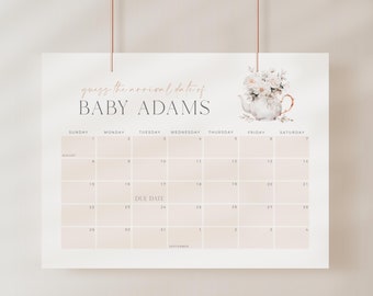 May include: A printable baby shower game with a calendar for guests to guess the baby's arrival date. The calendar is decorated with a watercolor illustration of a teapot with flowers. The text "guess the arrival date of BABY ADAMS" is at the top of the calendar.