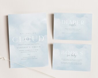 May include: A blue and white baby shower invitation with a cloud design and the text "We are on cloud nine". The invitation includes the name "Veronica Smith" and details for the shower. There are also two cards for a diaper raffle and a book request for the baby.