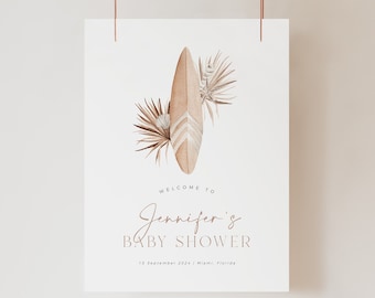 May include: A welcome sign for a baby shower with a watercolor illustration of a surfboard and palm leaves in shades of brown and beige. The text reads "Welcome to Jennifer's Baby Shower 15 September 2024 | Miami, Florida".