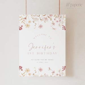 Plantilla de signo de bienvenida de flores silvestres rosas, tablero de bienvenida del 1er cumpleaños, cartel de bienvenida del primer cumpleaños de la niña, signo de bienvenida de cumpleaños de flores silvestres