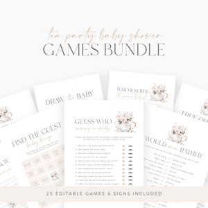 Puede incluir: Un conjunto de juegos de baby shower imprimibles con un tema de fiesta del té. Los juegos incluyen "Encuentra al Invitado", "Adivina Quién", "Quién Conoce Mejor a los Padres", "¿Preferirías?" y "Dibuja al Bebé".