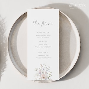 Wildblumen Menü Vorlage, druckbare Wildblumen Menü, Mädchen Taufe Wildblumen Menü, Zarte Blumen Menü, Dusty Pink Floral Menü Vorlage