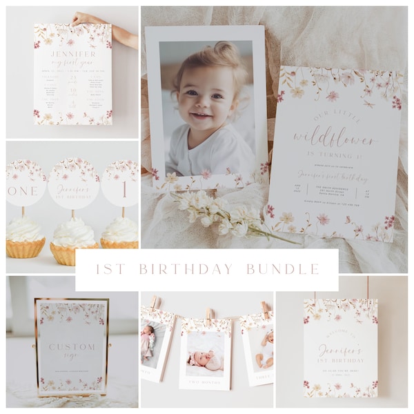 Pink Wildflower 1st Birthday Bundle Template, Wildflower Birthday Invitation Bundle, Little Wildflower First Birthday Bundle, Girls Birthday