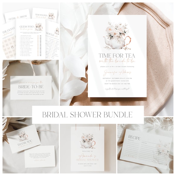 Tea Party Bridal Shower Invitation Bundle, Bridal Tea Party Bundle, Tea Bridal Shower Invitation And Games Bundle, Tea With The Bride To Be