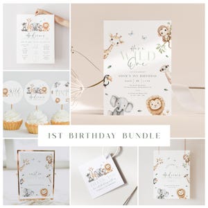 Könnte beinhalten: Ein Set mit druckbaren Partydekorationen für einen ersten Geburtstag mit Dschungeltier-Motiv. Das Set beinhaltet eine druckbare Einladung, Dankeschön-Etiketten, Cupcake-Topper und ein Schild. Die Einladung zeigt eine Aquarell-Illustration einer Giraffe, eines Elefanten, eines Löwen, eines Affen und eines Tukan. Der Text auf der Einladung lautet "It's a Wild One" und "Adams 1. Geburtstag".