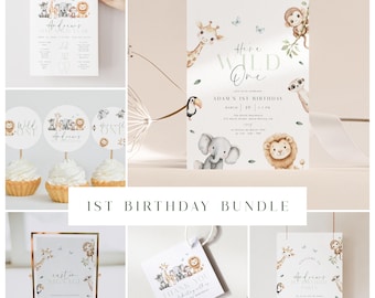 Minimal Wild One Birthday Bundle Template, Safari Themed 1st Birthday Invitation Bundle, Boy First Birthday, Wild One Invitation Bundle