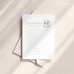 May include: A printable bridal shower game with the title "Who Knows the Bride Best?"  The game features 15 questions about the bride, with blank lines for guests to write their answers. The game is decorated with a watercolor illustration of a teapot with flowers.
