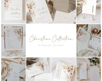 May include: A wedding invitation suite with a tropical theme. The suite includes a save the date card, invitation, RSVP card, thank you card, and details card. The cards feature a watercolor illustration of palm leaves and pink flowers.