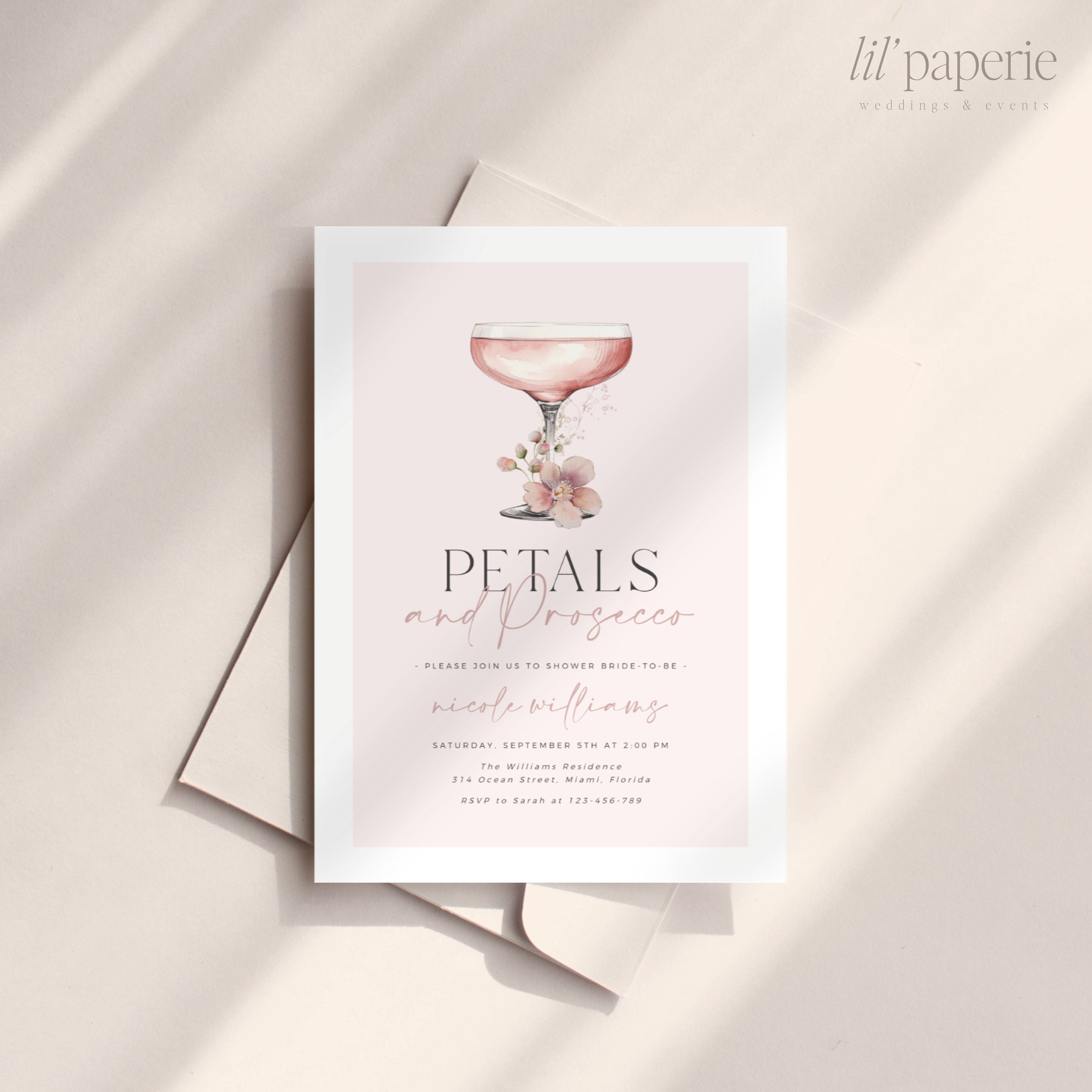 Petals And Prosecco Bridal Shower Invitation Template, Dusty Pink Petals and Prosecco Bridal Shower Invite, Editable Prosecco Shower Invite