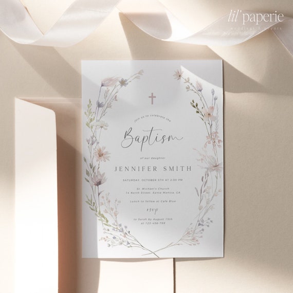 Wildflower Baptism Invitation Template, Printable Floral Baptism Invite, Girl Baptism Invitation, Dusty Pink Baptism, Christening Invite