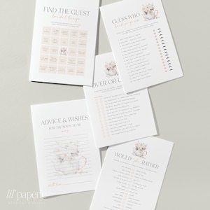 May include: A set of printable bridal shower games with a floral teacup theme. The games include "Find the Guest Bridal Bingo", "Guess Who Bride or Groom", "Over or Under", "Advice & Wishes for the Soon to Be", and "Would She Rather".