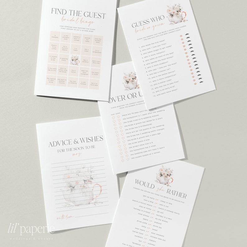 May include: A set of printable bridal shower games with a floral teacup theme. The games include "Find the Guest Bridal Bingo", "Guess Who Bride or Groom", "Over or Under", "Advice & Wishes for the Soon to Be", and "Would She Rather".