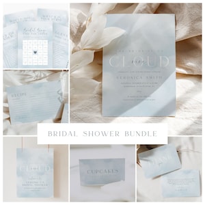 May include: A bridal shower bundle with a blue and white watercolor theme. The bundle includes a printable invitation, a recipe card, a "find the guest" bingo card, a "what's in your purse" game, a "cupcakes" sign, a "thank you" card, and a sign that says "The bride is on cloud nine".