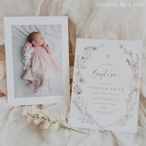 May include: A baptism invitation with a watercolor floral wreath design. The invitation features a cross, the word "Baptism", and the name "Jennifer Smith". The text reads "Join us to celebrate the Baptism of our daughter Jennifer Smith, Saturday, October 5th at 2:30 PM, St. Michael's Church, 14 North Street, Santa Monica, CA. Lunch to follow at Cafe Blue. RSVP to Sarah by August 13th at 123-456-789."