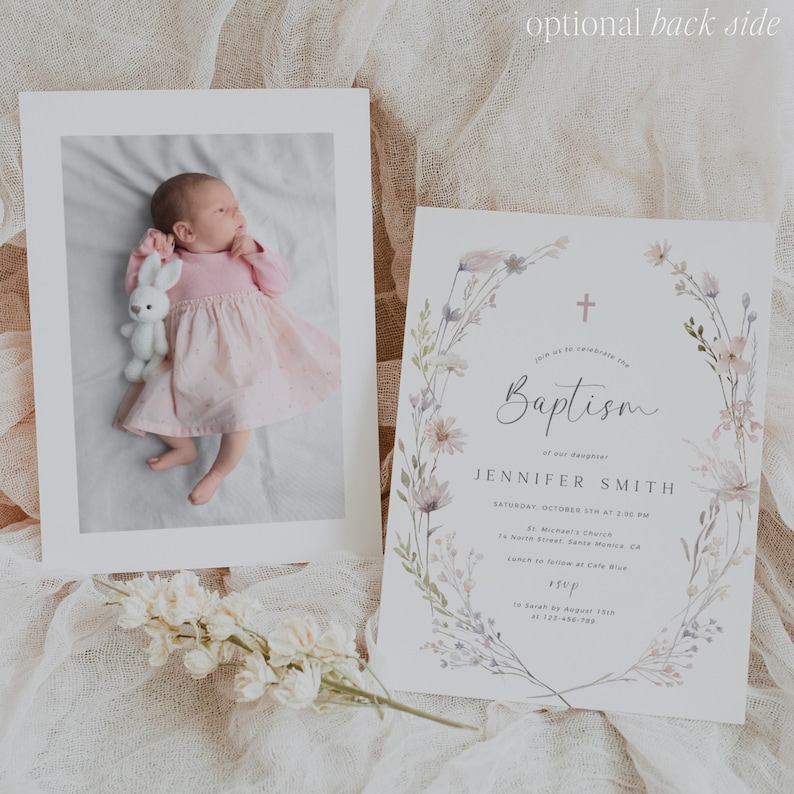 May include: A baptism invitation with a watercolor floral wreath design. The invitation features a cross, the word "Baptism", and the name "Jennifer Smith". The text reads "Join us to celebrate the Baptism of our daughter Jennifer Smith, Saturday, October 5th at 2:30 PM, St. Michael's Church, 14 North Street, Santa Monica, CA. Lunch to follow at Cafe Blue. RSVP to Sarah by August 13th at 123-456-789."