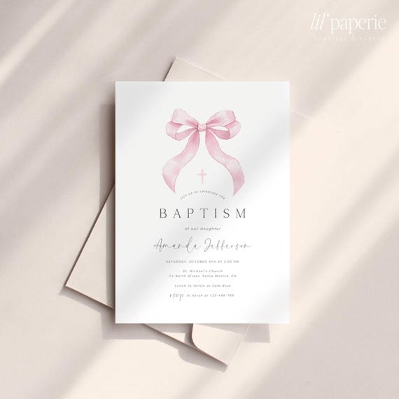 Soft Pink Bow Baptism Invitation Template, Printable Ribbon Baptism Invite, Minimal Girl Baptism Invitation, Pink Bow Christening Invite