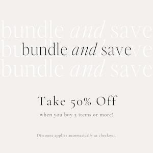 K&ouml;nnte beinhalten: Text&uuml;berlagerung auf wei&szlig;em Hintergrund, die dreimal in gestapelter Form "bundle and save" lautet. Unter dem Text steht "Take 50% Off when you buy 5 items or more!" und "Discount applies automatically at checkout."