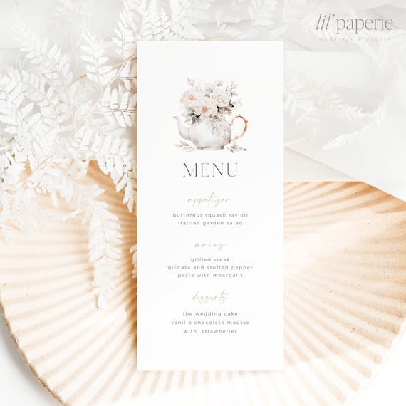 Tea Party Menu Template, Printable Tea Menu, Tea Party Bridal Shower Menu, Floral Bridal Tea Menu, Floral Teapot Menu, Tea Bithday Menu
