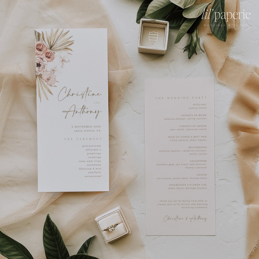 Minimal Boho Wedding Program Template, Printable Wedding Program 4x9 ...